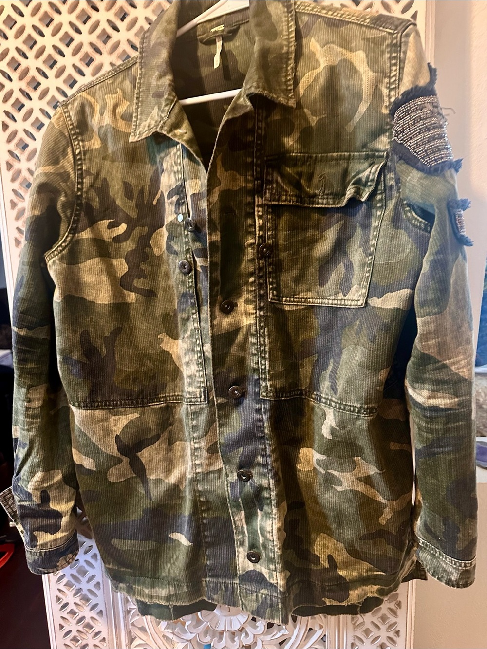 Free People Olive Green Camo Military Field Jacket